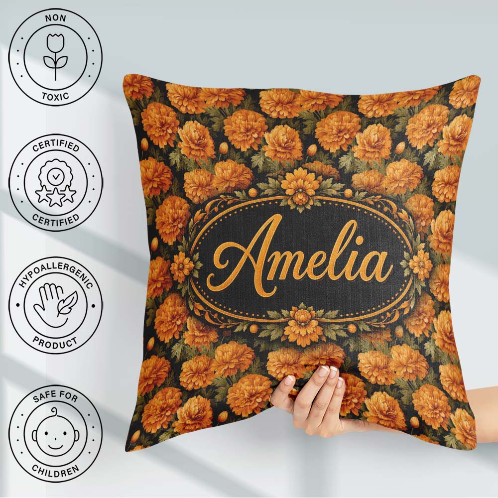 Custom Name Orange Chrysanthemum Floral on Black Background with Square Filled Cushion Throw Pillow Sofa Bed Home Decor Zip Washable UK Made