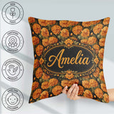 Custom Name Orange Chrysanthemum Floral on Black Background with Square Filled Cushion Throw Pillow Sofa Bed Home Decor Zip Washable UK Made