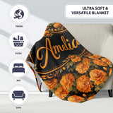Orange Chrysanthemum Floral on Black Background with Detailed Petals  Personalised Custom Name Super Soft Fleece Blanket Bed Sofa Throw