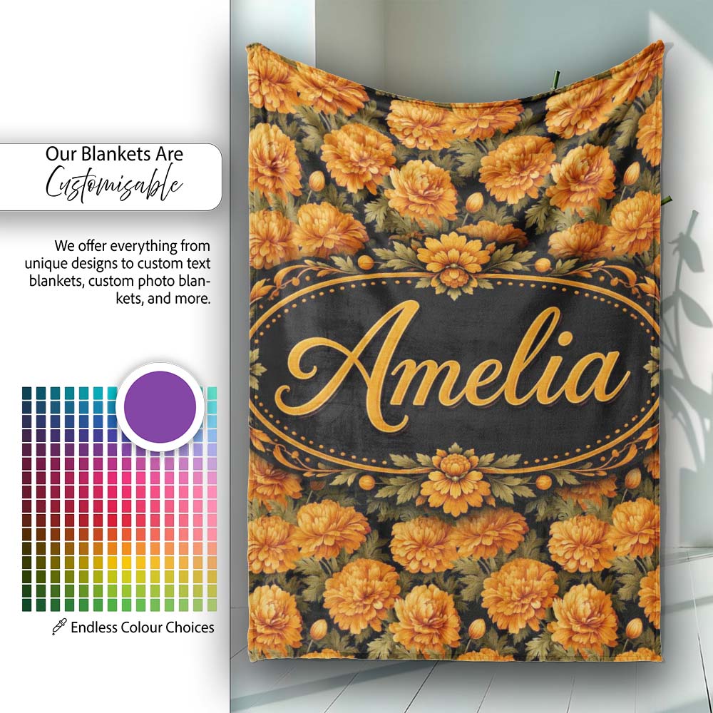 Orange Chrysanthemum Floral on Black Background with Detailed Petals  Personalised Custom Name Super Soft Fleece Blanket Bed Sofa Throw