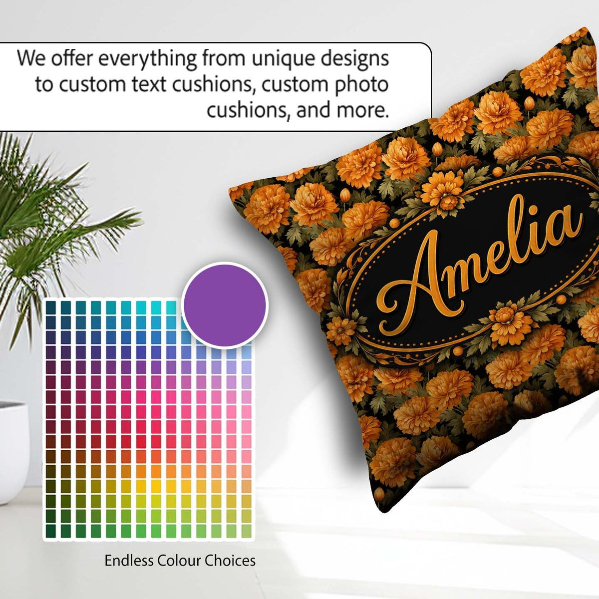 Custom Name Orange Chrysanthemum Floral on Black Background with Square Filled Cushion Throw Pillow Sofa Bed Home Decor Zip Washable UK Made