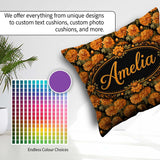 Custom Name Orange Chrysanthemum Floral on Black Background with Square Filled Cushion Throw Pillow Sofa Bed Home Decor Zip Washable UK Made