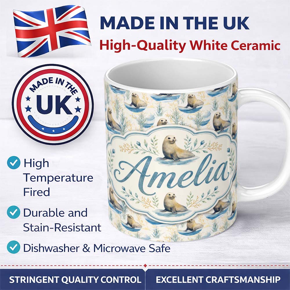 Personalized Custom Name Adorable Seal Illustration with Coastal Plants Soft Circle Layout 11oz Ceramic Coffee Tea Mug White Large Handle