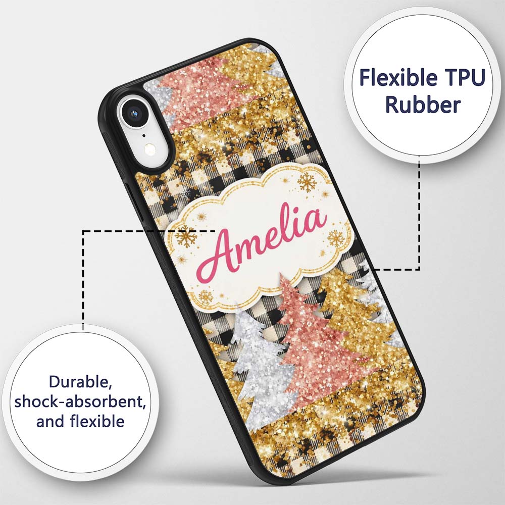 Black Gold Christmas Plaid Pattern Printed Design Custom Name Protective Phone Case Mobile Cover Durable Everyday Smartphone Shock Resistant