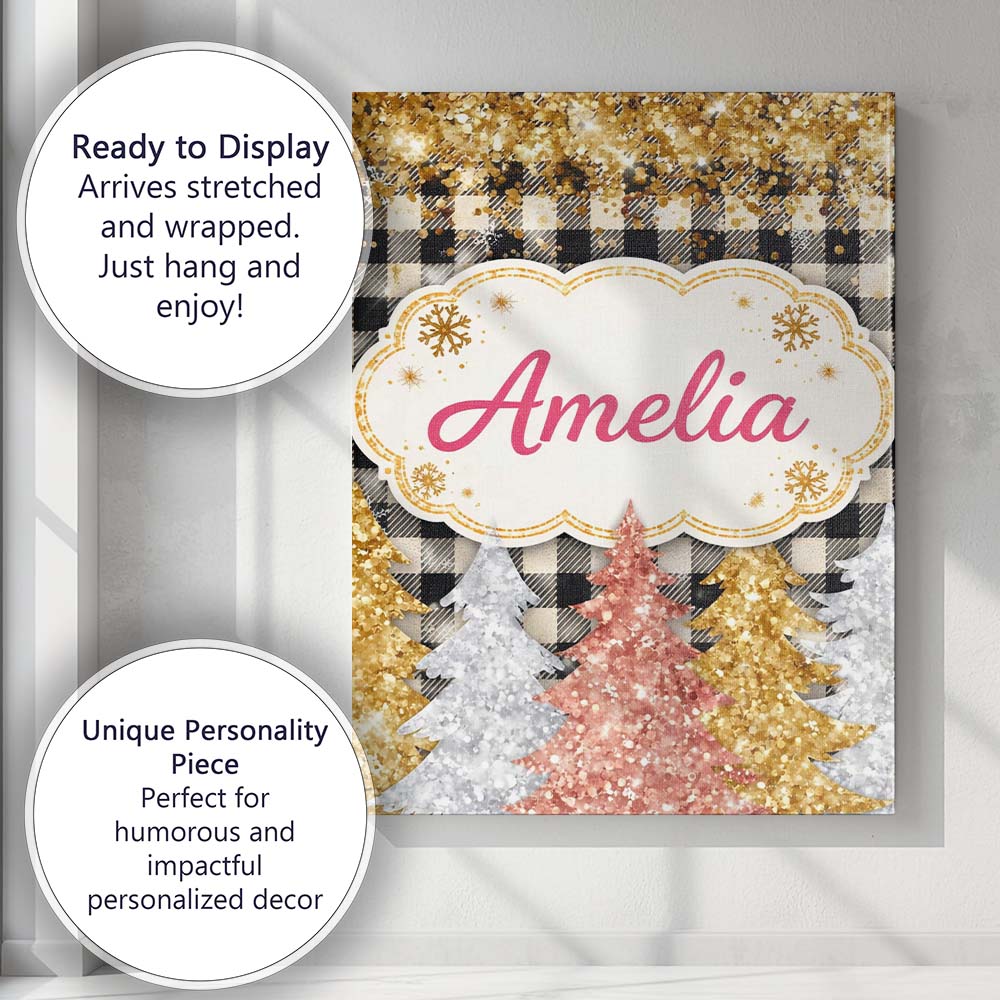 Personalised Name Black Gold Christmas Plaid Pattern Festive Snowflake Custom Decorative Canvas Wall Art Print Decor Picture Ready to Hang