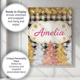Personalised Name Black Gold Christmas Plaid Pattern Festive Snowflake Custom Decorative Canvas Wall Art Print Decor Picture Ready to Hang