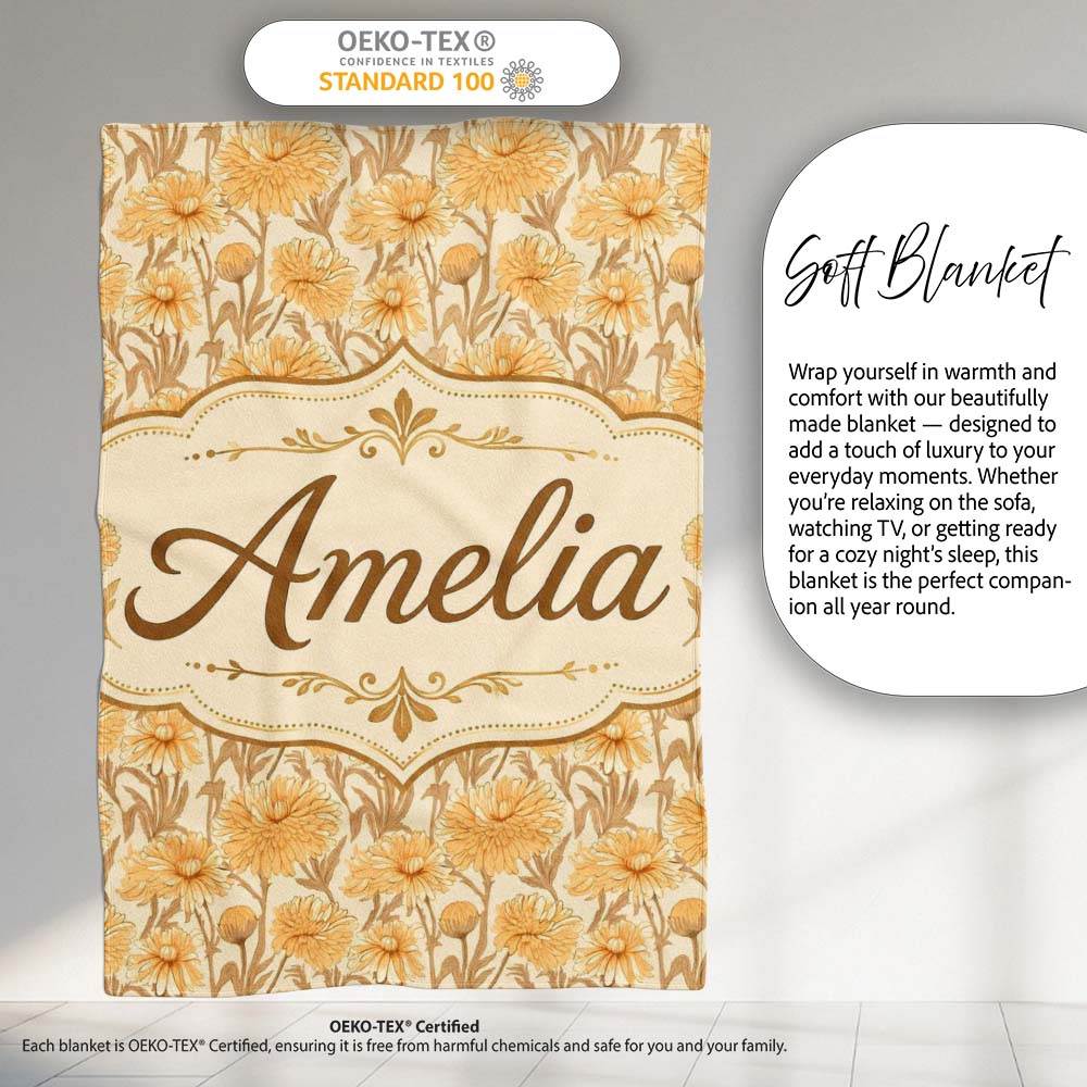 Dense Golden Chrysanthemum Floral Pattern with Dark Foliage Lovely  Personalised Custom Name Super Soft Fleece Blanket Bed Sofa Throw
