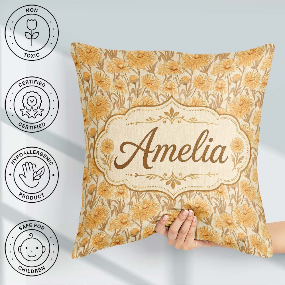 Custom Name Dense Golden Floral Pattern with Dark Foliage Lovely Square Filled Cushion Throw Pillow Sofa Bed Home Decor Zip Washable UK Made