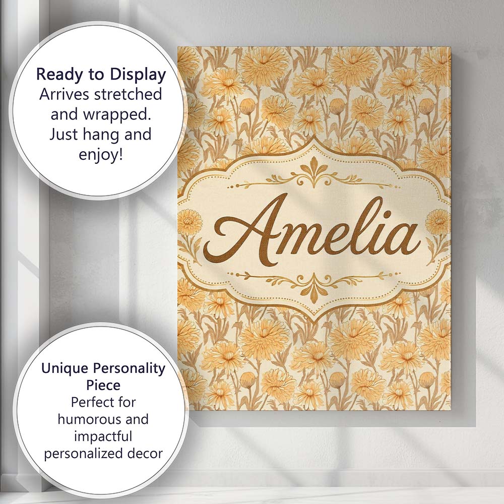 Personalised Name Dense Golden Chrysanthemum Custom Bespoke  Contemporary Display Canvas Wall Art Print Decor Picture Ready to Hang