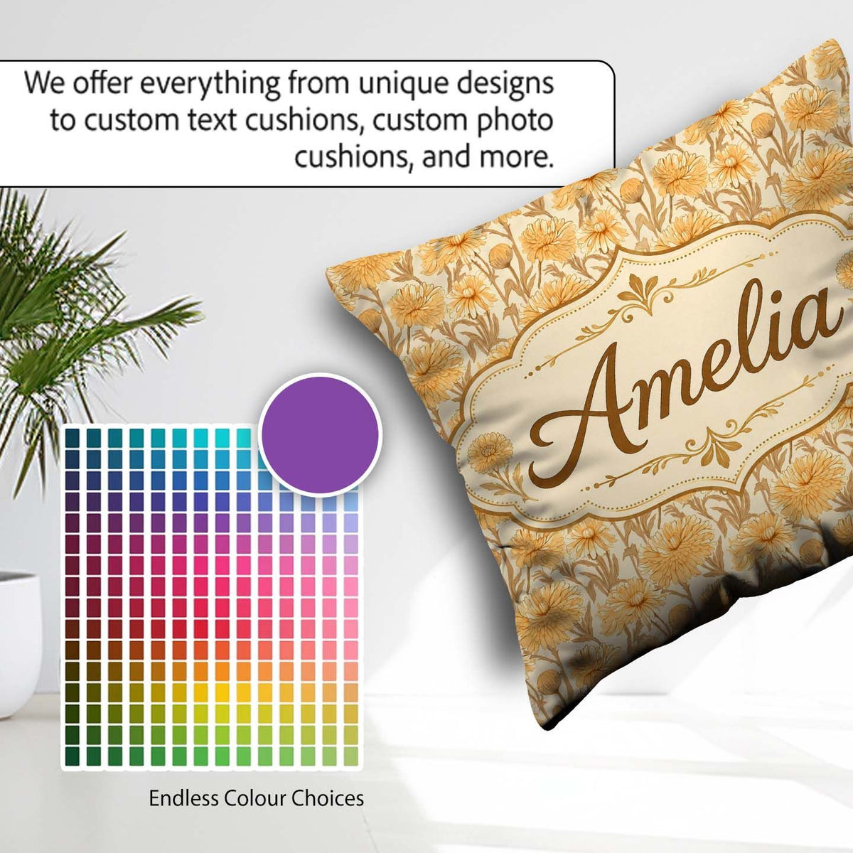 Custom Name Dense Golden Floral Pattern with Dark Foliage Lovely Square Filled Cushion Throw Pillow Sofa Bed Home Decor Zip Washable UK Made