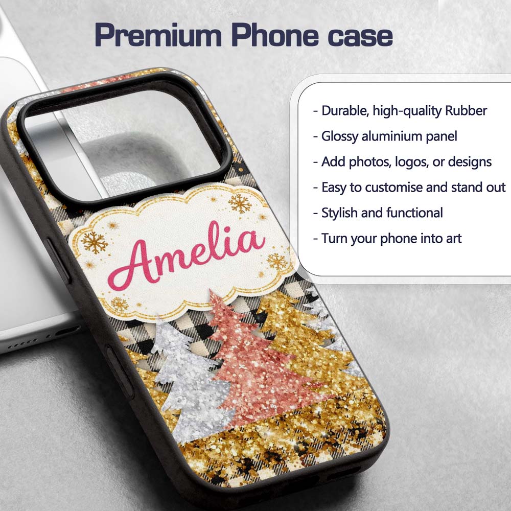 Black Gold Christmas Plaid Pattern Printed Design Custom Name Protective Phone Case Mobile Cover Durable Everyday Smartphone Shock Resistant