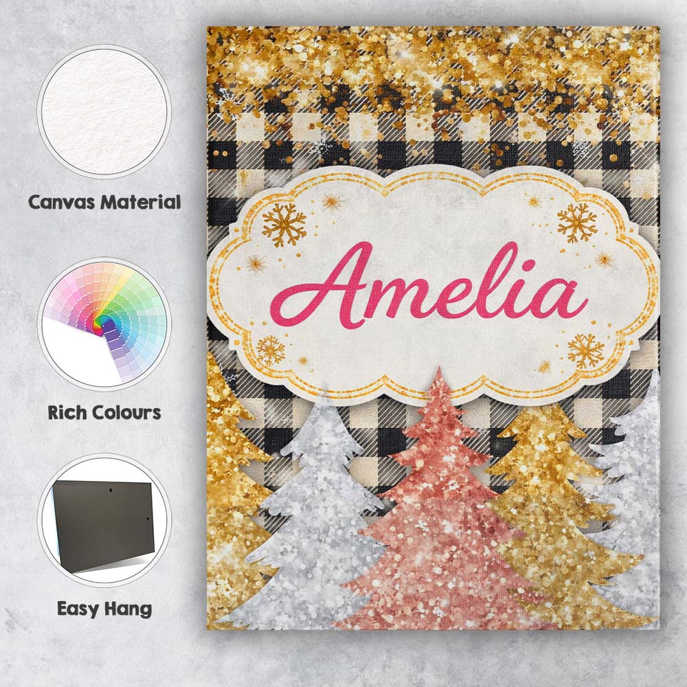 Personalised Name Black Gold Christmas Plaid Pattern Festive Snowflake Custom Decorative Canvas Wall Art Print Decor Picture Ready to Hang