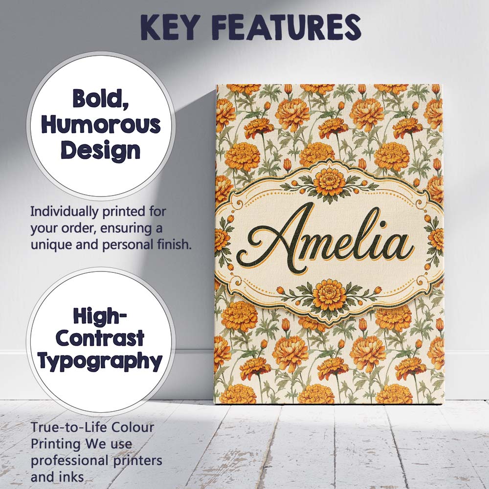 Personalised Name Elegant Orange Chrysanthemum Floral with Soft Creative Decorator Style Canvas Wall Art Print Decor Picture Ready to Hang