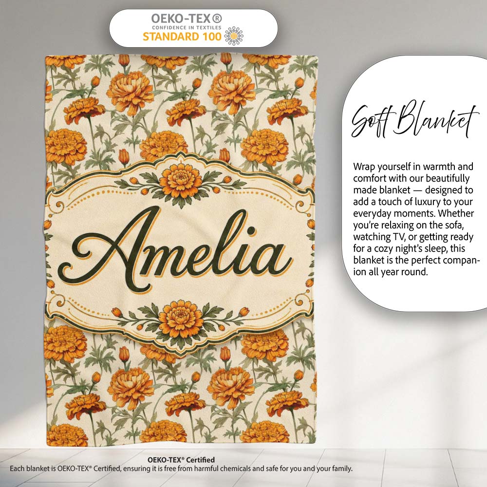 Elegant Orange Chrysanthemum Floral with Soft Shading Lovely  Personalised Custom Name Super Soft Fleece Blanket Bed Sofa Throw