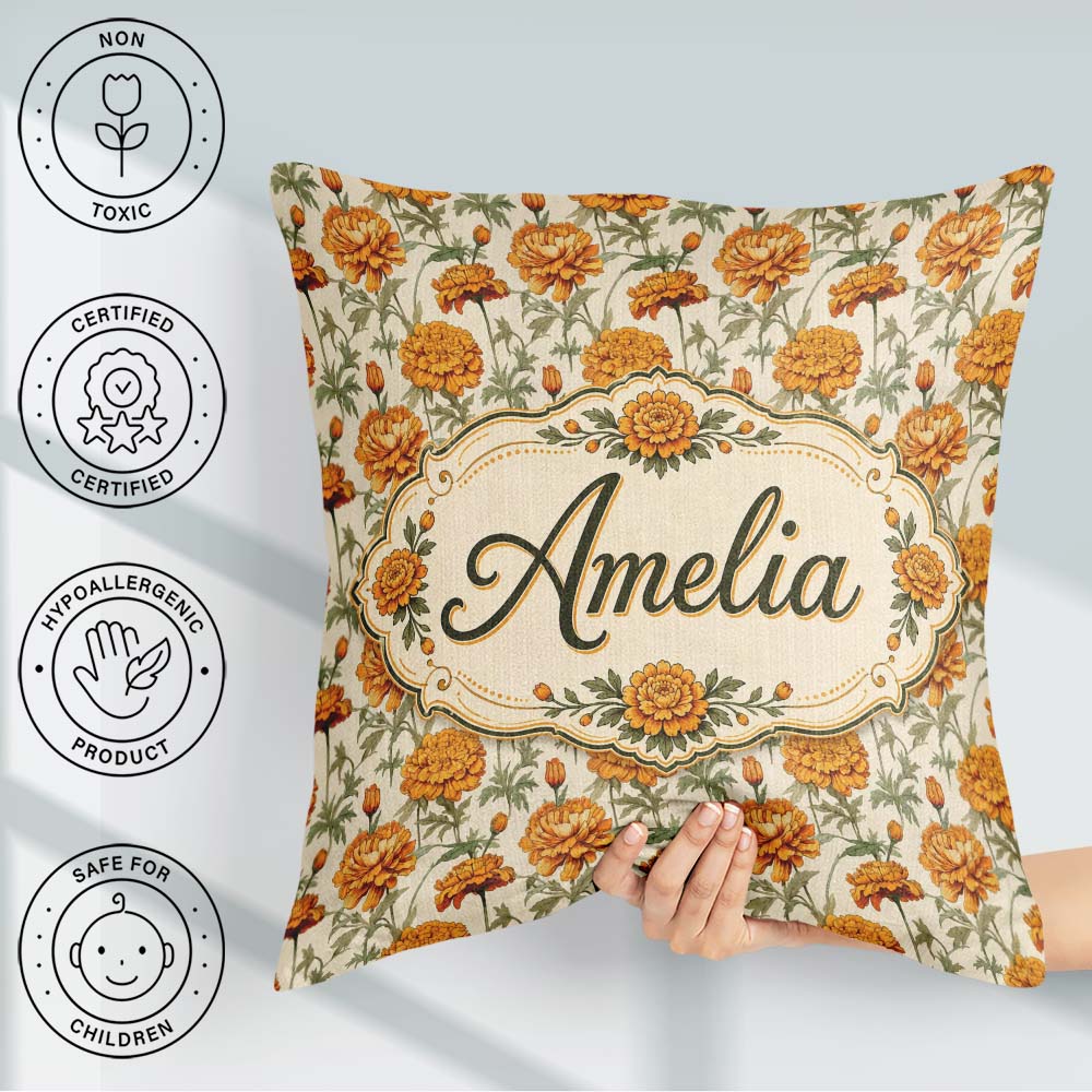 Custom Name Elegant Orange Chrysanthemum Floral with Soft Lovely Square Filled Cushion Throw Pillow Sofa Bed Home Decor Zip Washable UK Made