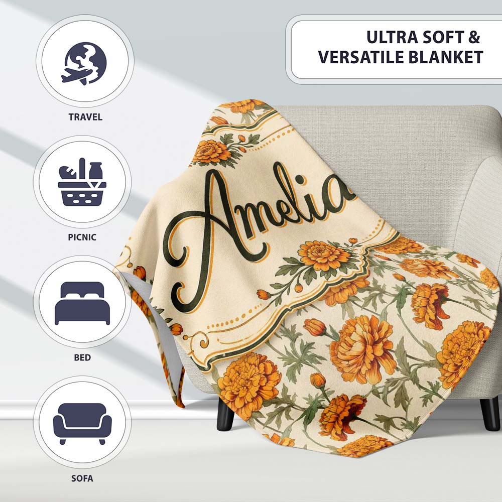 Elegant Orange Chrysanthemum Floral with Soft Shading Lovely  Personalised Custom Name Super Soft Fleece Blanket Bed Sofa Throw