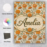 Personalised Name Elegant Orange Chrysanthemum Floral with Soft Creative Decorator Style Canvas Wall Art Print Decor Picture Ready to Hang