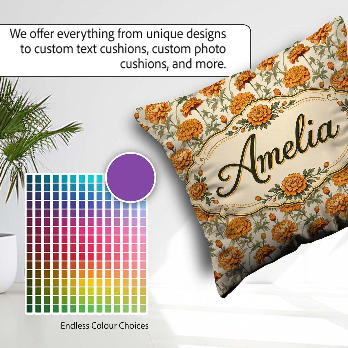 Custom Name Elegant Orange Chrysanthemum Floral with Soft Lovely Square Filled Cushion Throw Pillow Sofa Bed Home Decor Zip Washable UK Made