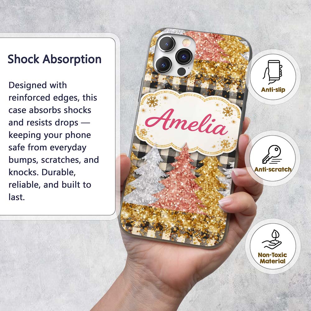 Black Gold Christmas Plaid Pattern Printed Design Custom Name Protective Phone Case Mobile Cover Durable Everyday Smartphone Shock Resistant