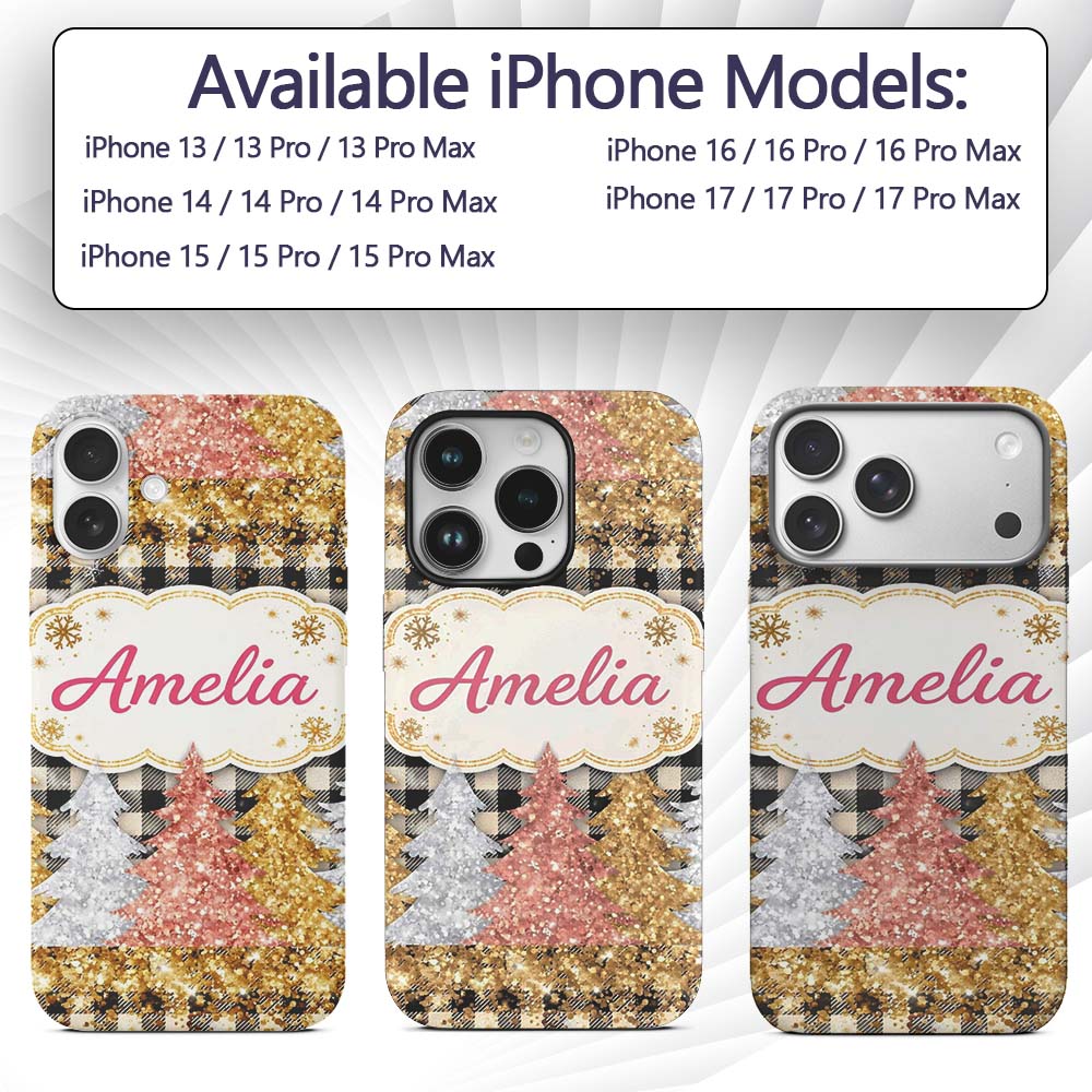 Black Gold Christmas Plaid Pattern Printed Design Custom Name Protective Phone Case Mobile Cover Durable Everyday Smartphone Shock Resistant