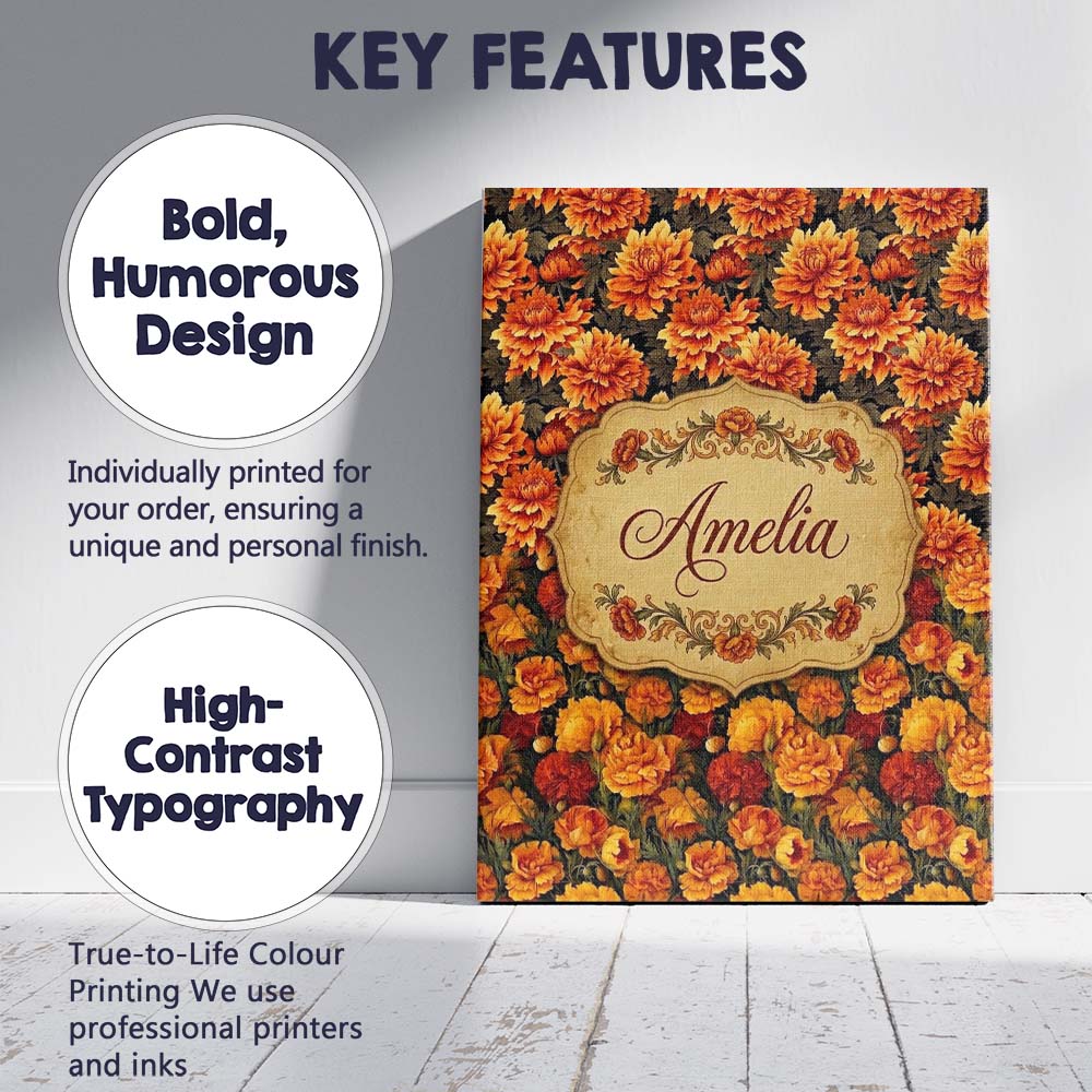 Personalised Name Rich Autumn Floral Custom Premium Decorative Design Modern Room Accent Canvas Wall Art Print Decor Picture Ready to Hang