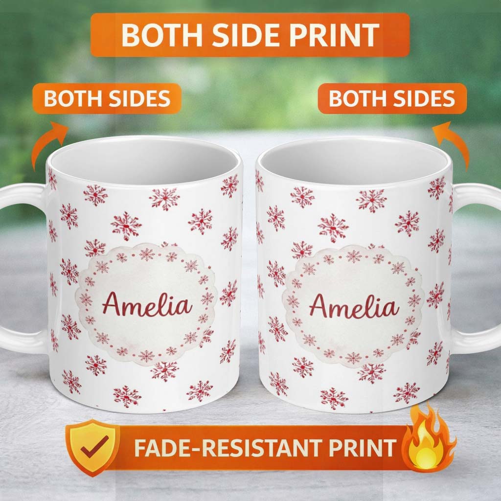 Personalized Custom Name Minimal Red Snowflake Watercolor Christmas Seamless Pattern on Soft 11oz Ceramic Coffee Tea Mug White Large Handle