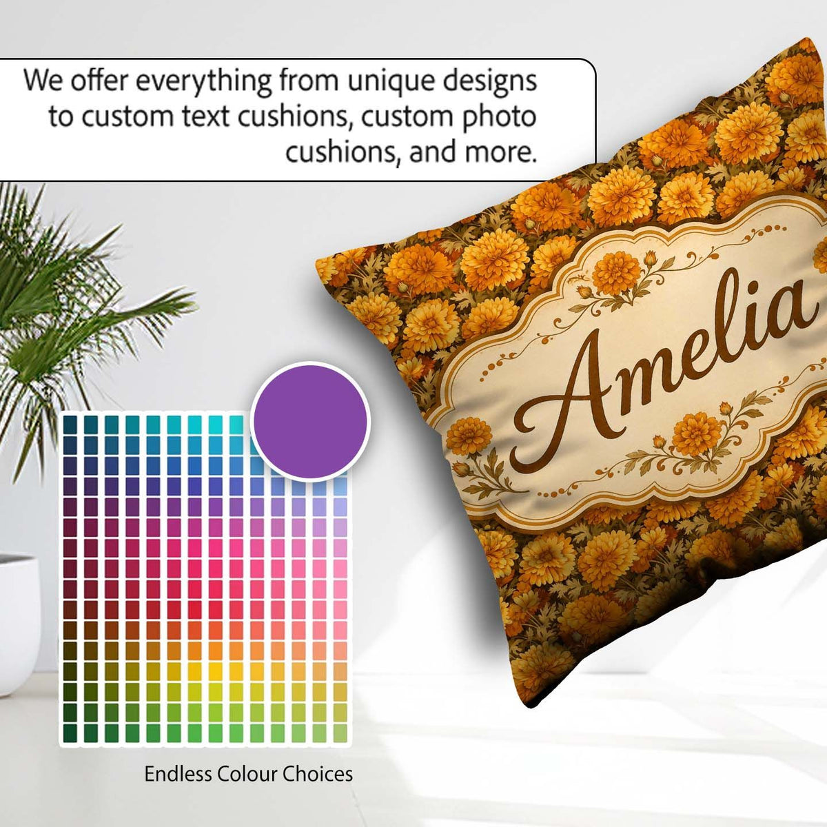 Custom Name Soft Sepia Floral Pattern in Monochrome Warm Beige Square Filled Cushion Throw Pillow Sofa Bed Home Decor Zip Washable UK Made