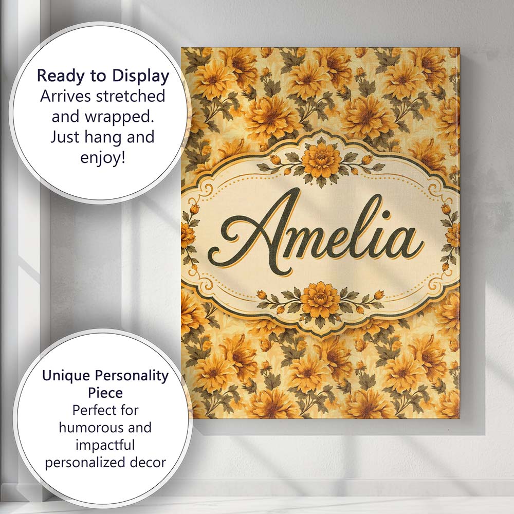 Personalised Name Chrysanthemum Floral on Custom  Unique Gift Idea Elegant Feature Canvas Wall Art Print Decor Picture Ready to Hang