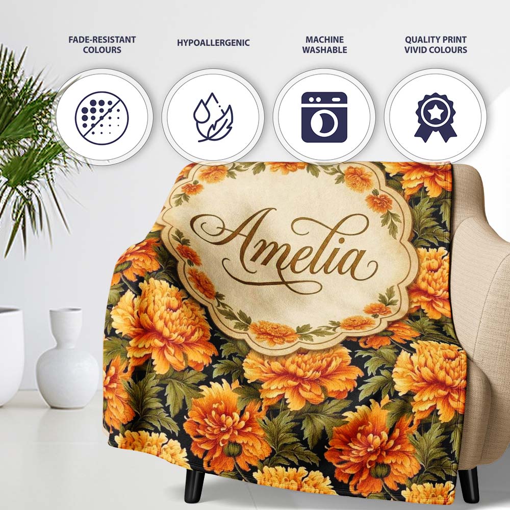 Chrysanthemum Floral on Dark Background with High Contrast Petals  Personalised Custom Name Super Soft Fleece Blanket Bed Sofa Throw