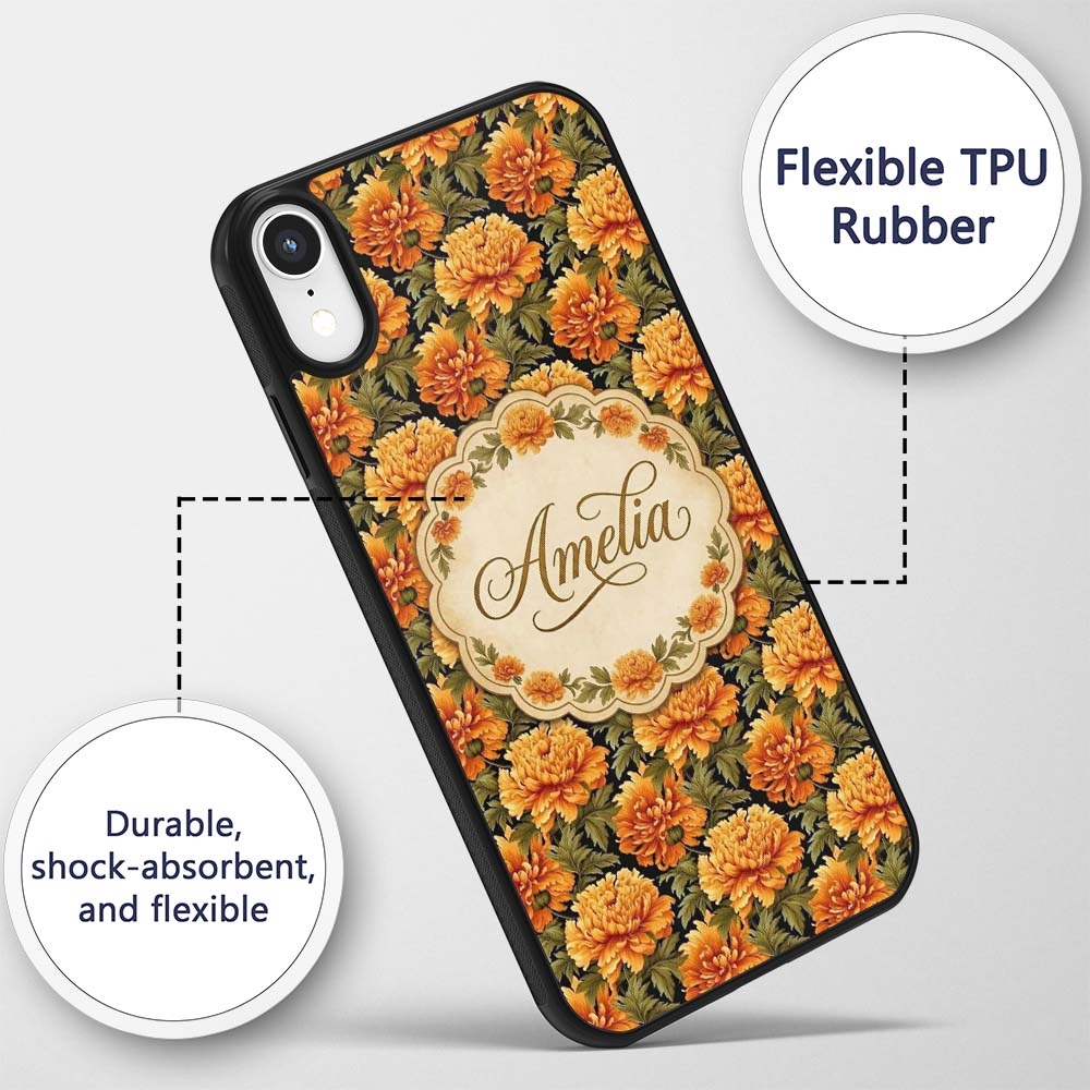 Chrysanthemum Floral on Dark Background with High Custom Name Protective Phone Case Mobile Cover Durable Everyday Smartphone Shock Resistant