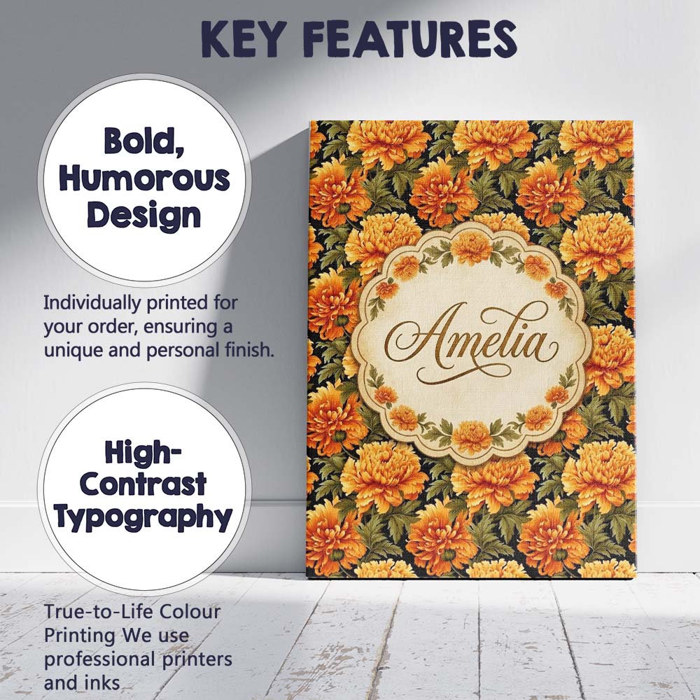 Personalised Name Chrysanthemum Floral on Custom  Unique Gift Idea Elegant Feature Canvas Wall Art Print Decor Picture Ready to Hang