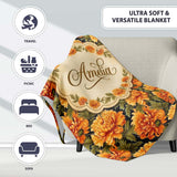 Chrysanthemum Floral on Dark Background with High Contrast Petals  Personalised Custom Name Super Soft Fleece Blanket Bed Sofa Throw