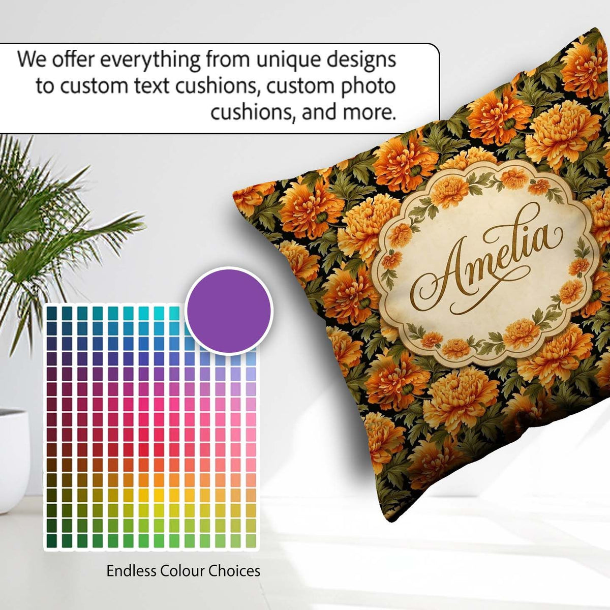 Custom Name Floral on Dark Background with High Contrast Petals Square Filled Cushion Throw Pillow Sofa Bed Home Decor Zip Washable UK Made