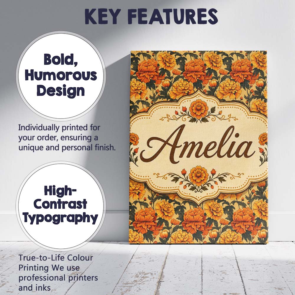 Personalised Name Layered Autumn Chrysanthemum Floral Pattern Premium Decorative Design Canvas Wall Art Print Decor Picture Ready to Hang