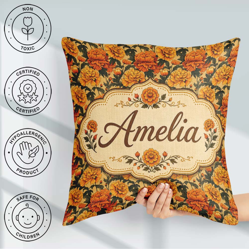 Custom Name Layered Autumn Floral Pattern with Mixed Orange and Square Filled Cushion Throw Pillow Sofa Bed Home Decor Zip Washable UK Made