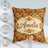 Custom Name Layered Autumn Floral Pattern with Mixed Orange and Square Filled Cushion Throw Pillow Sofa Bed Home Decor Zip Washable UK Made