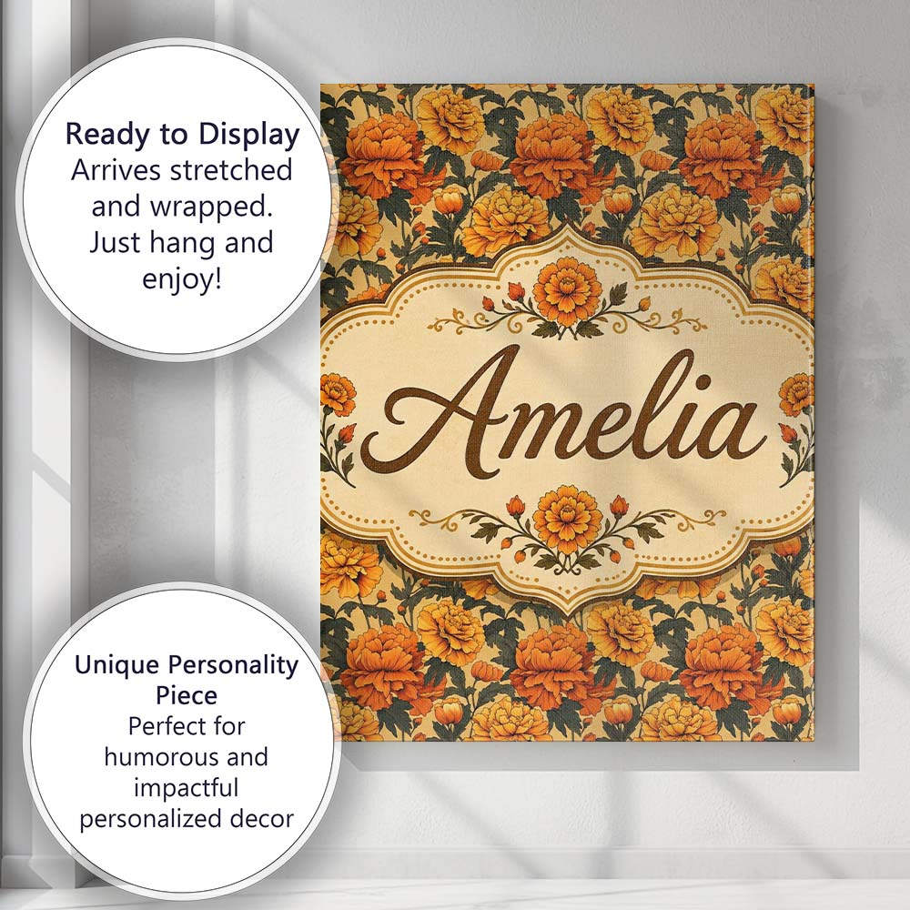 Personalised Name Layered Autumn Chrysanthemum Floral Pattern Premium Decorative Design Canvas Wall Art Print Decor Picture Ready to Hang