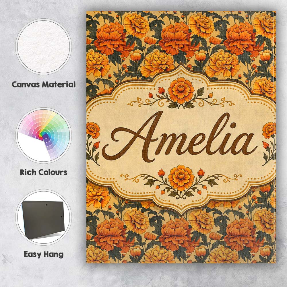 Personalised Name Layered Autumn Chrysanthemum Floral Pattern Premium Decorative Design Canvas Wall Art Print Decor Picture Ready to Hang
