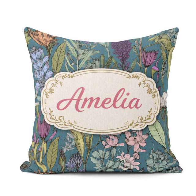 Custom Name Elegant Botanical Line Art Green Background Seamless Square Filled Cushion Throw Pillow Sofa Bed Home Decor Zip Washable UK Made