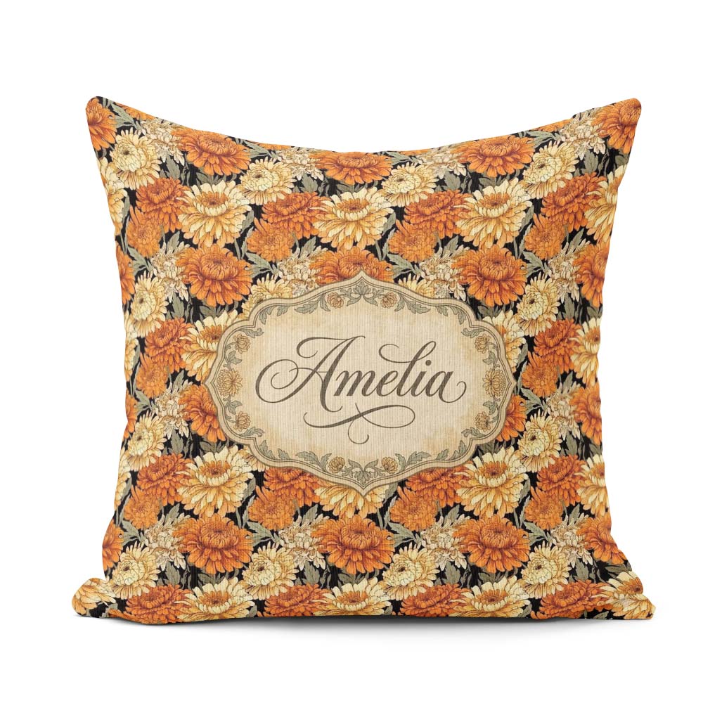 Custom Name Soft Watercolour Orange Floral Pattern on Cream with Square Filled Cushion Throw Pillow Sofa Bed Home Decor Zip Washable UK Made