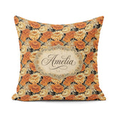 Custom Name Soft Watercolour Orange Floral Pattern on Cream with Square Filled Cushion Throw Pillow Sofa Bed Home Decor Zip Washable UK Made