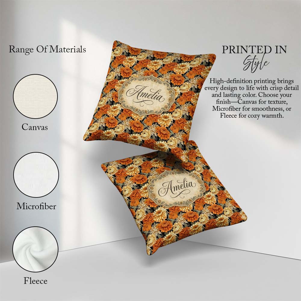 Custom Name Soft Watercolour Orange Floral Pattern on Cream with Square Filled Cushion Throw Pillow Sofa Bed Home Decor Zip Washable UK Made