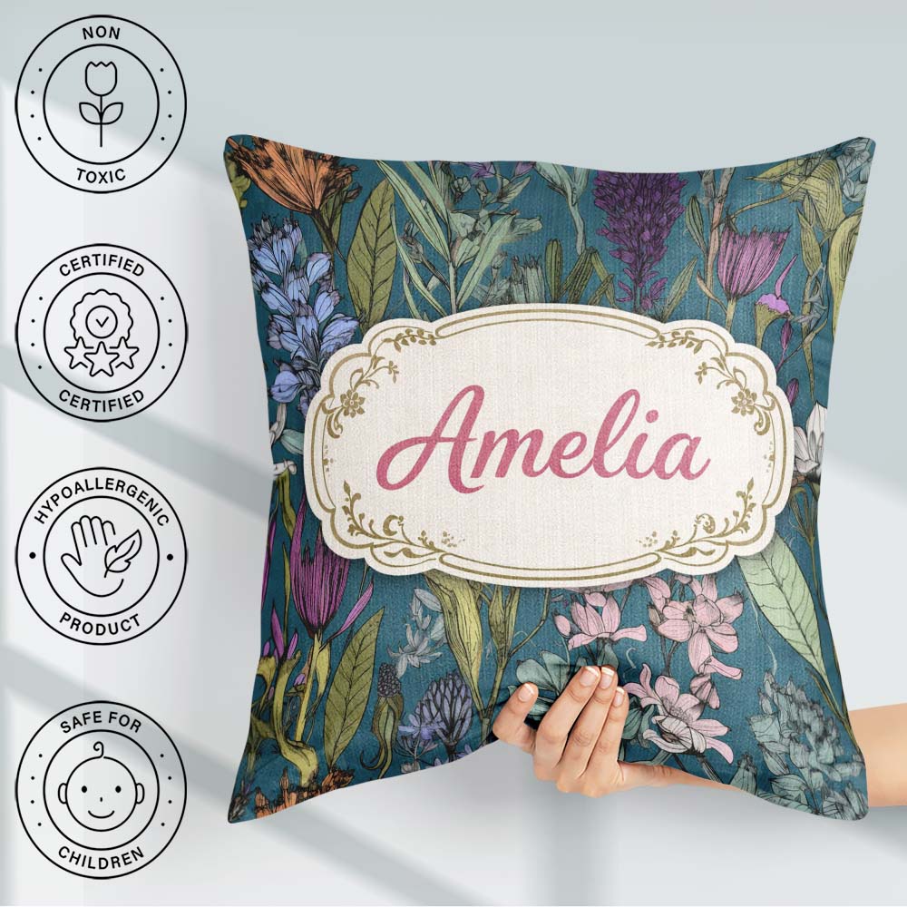 Custom Name Elegant Botanical Line Art Green Background Seamless Square Filled Cushion Throw Pillow Sofa Bed Home Decor Zip Washable UK Made