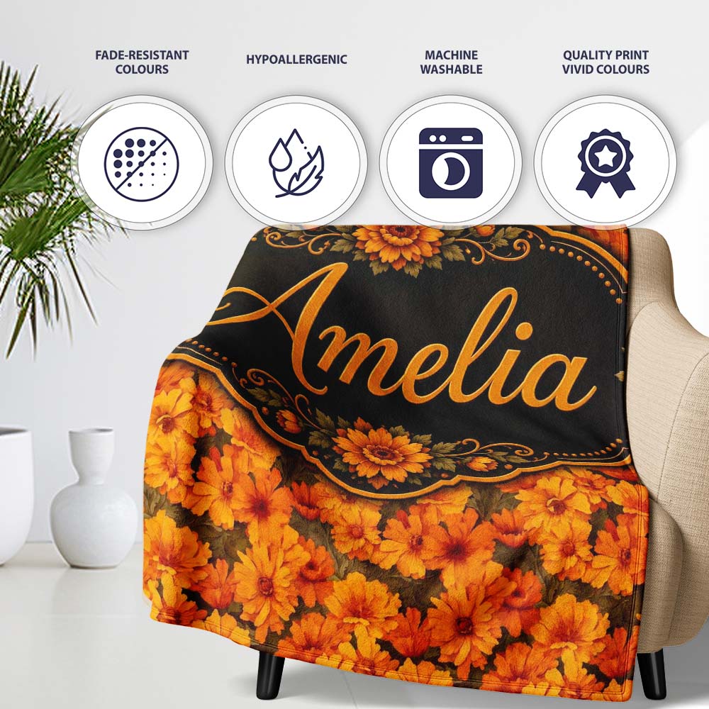 Dense Chrysanthemum Floral Pattern in Orange and Cream on Black  Personalised Custom Name Super Soft Fleece Blanket Bed Sofa Throw