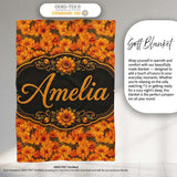 Dense Chrysanthemum Floral Pattern in Orange and Cream on Black  Personalised Custom Name Super Soft Fleece Blanket Bed Sofa Throw