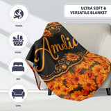 Dense Chrysanthemum Floral Pattern in Orange and Cream on Black  Personalised Custom Name Super Soft Fleece Blanket Bed Sofa Throw