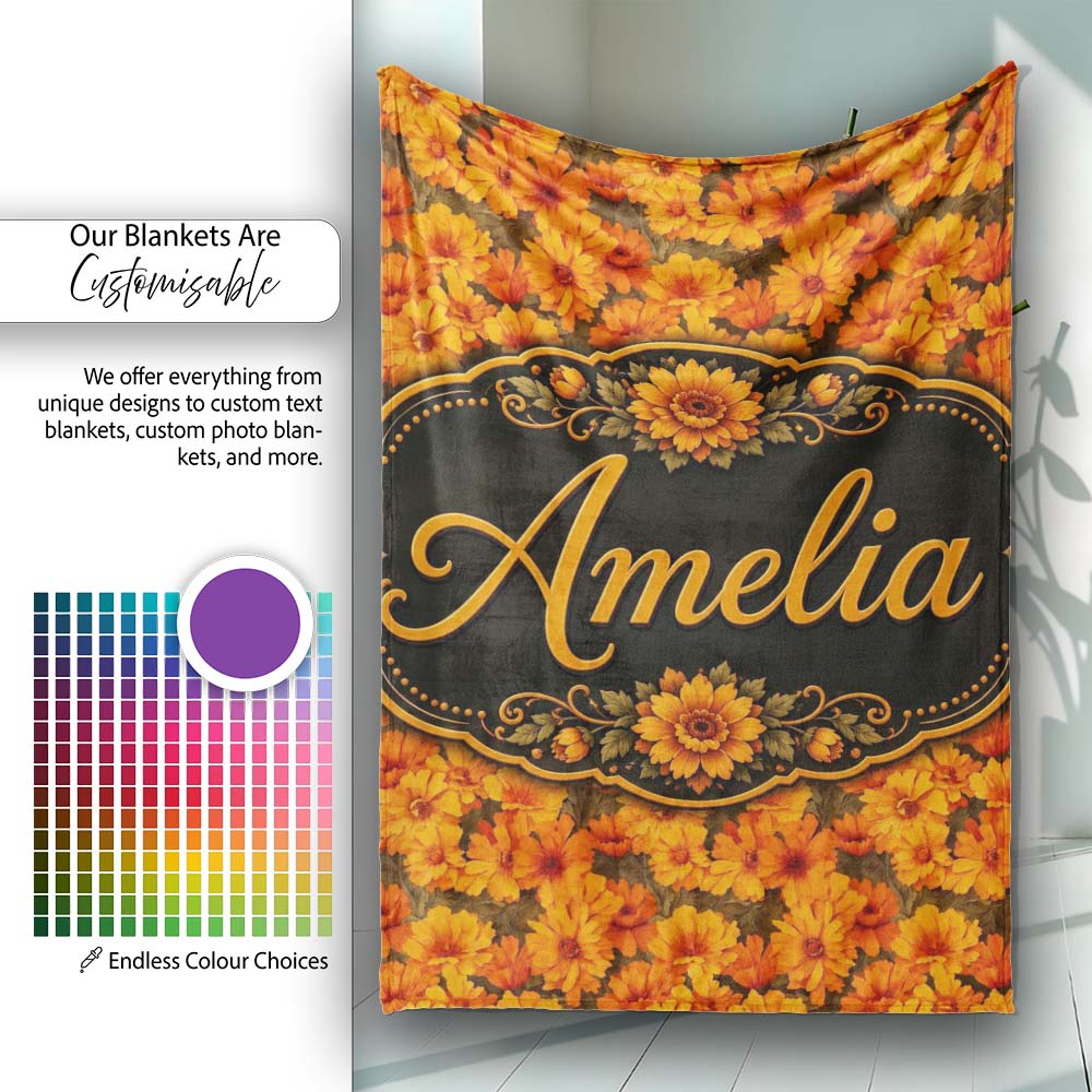 Dense Chrysanthemum Floral Pattern in Orange and Cream on Black  Personalised Custom Name Super Soft Fleece Blanket Bed Sofa Throw