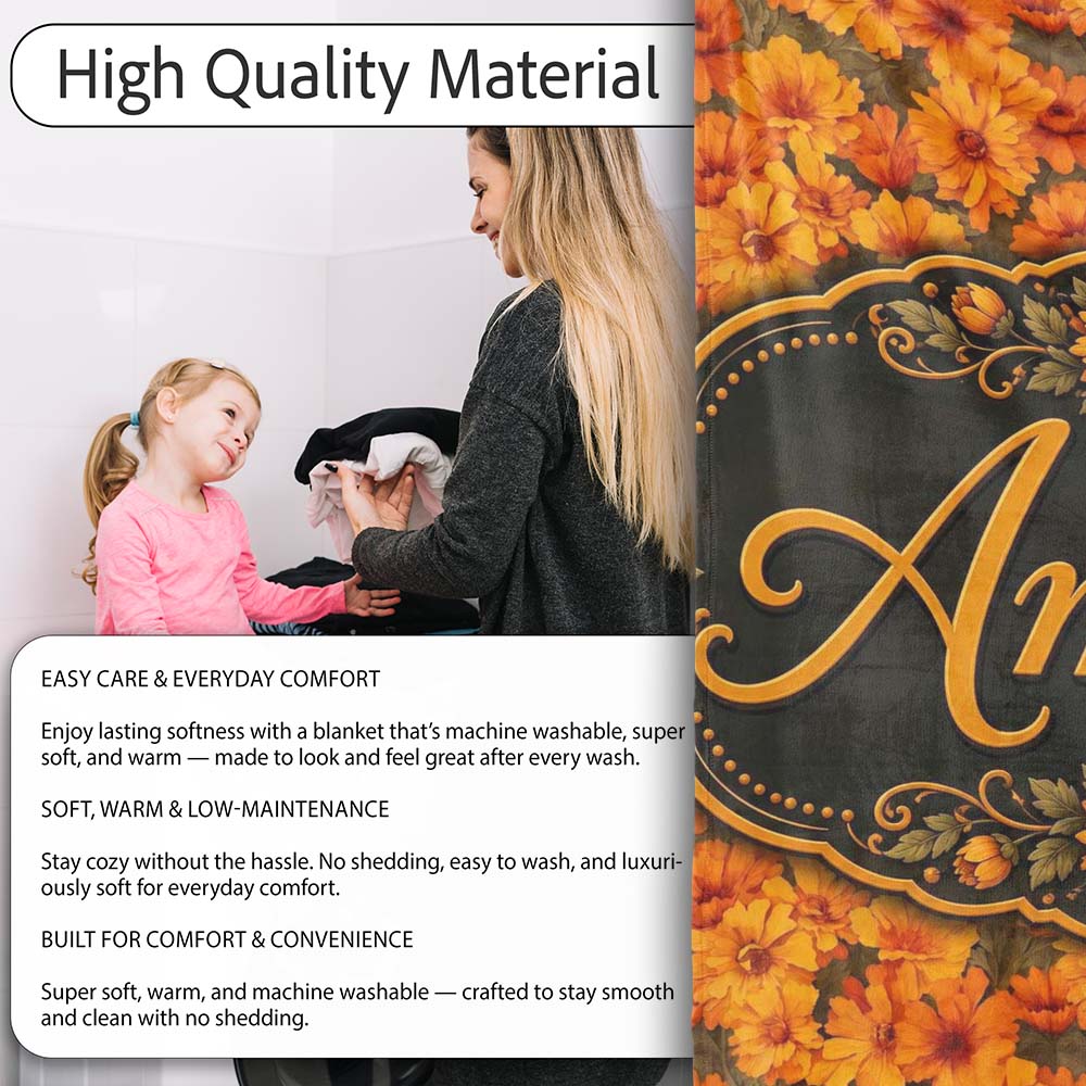 Dense Chrysanthemum Floral Pattern in Orange and Cream on Black  Personalised Custom Name Super Soft Fleece Blanket Bed Sofa Throw