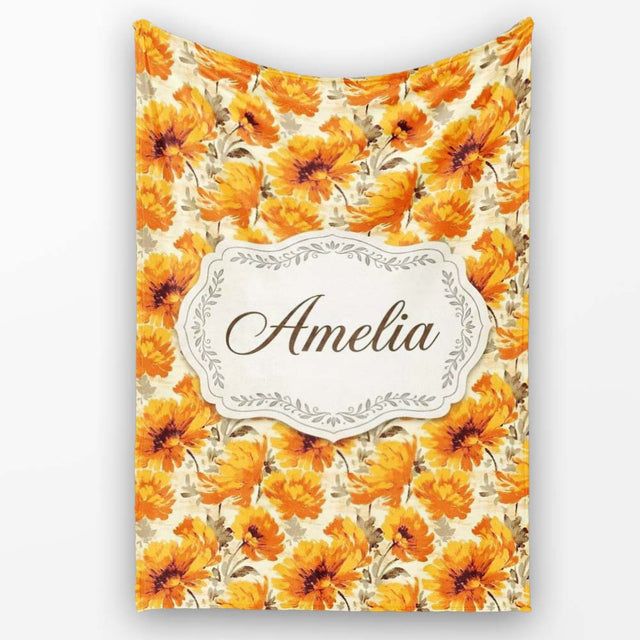 Classic Autumn Chrysanthemum Floral Pattern in Orange and Gold Tones  Personalised Custom Name Super Soft Fleece Blanket Bed Sofa Throw
