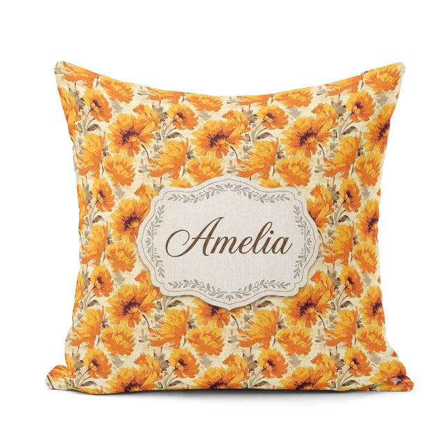 Custom Name Autumn Chrysanthemum Floral in Orange and Gold Tones Square Filled Cushion Throw Pillow Sofa Bed Home Decor Zip Washable UK Made